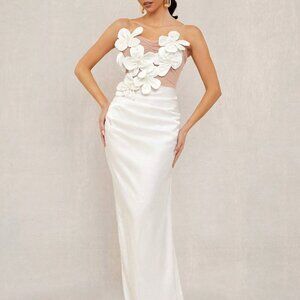 White Party Women's Flower Decor Strapless Mermaid Dress